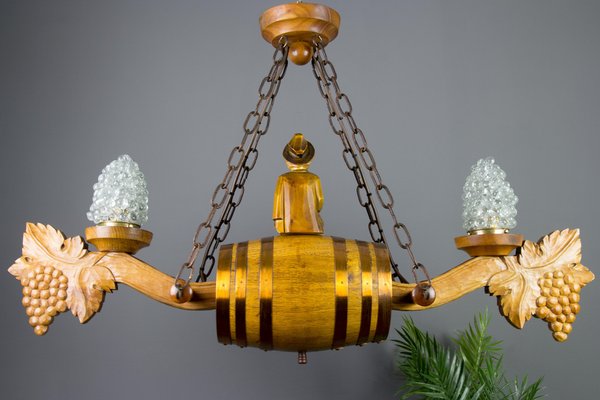 German Carved Wood Two-Light Wine Cellar Chandelier-KEG-1086471