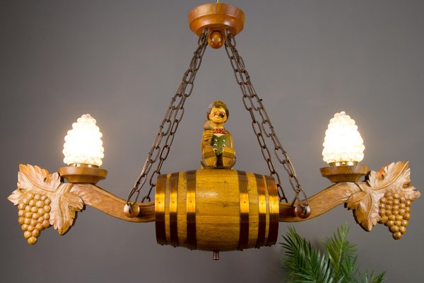 German Carved Wood Two-Light Wine Cellar Chandelier-KEG-1086471