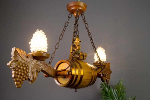 German Carved Wood Two-Light Wine Cellar Chandelier-KEG-1086471