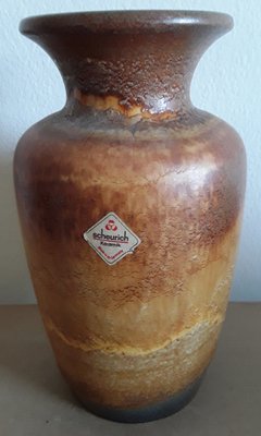 German Ceramic Vase with Brown Glaze with Ornamental Label from Scheurich, 1970s-HOI-1453631