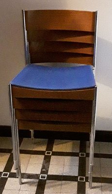 German Chromed Tubular Steel & Teak Stacking Chairs with Blue Fabric Upholstery from Casala, 1960s, Set of 4-HOI-857297