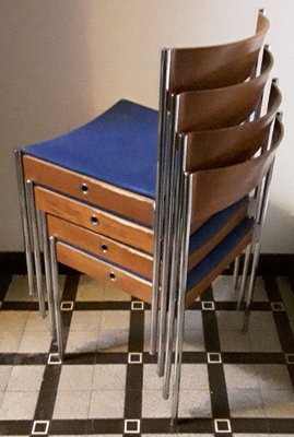 German Chromed Tubular Steel & Teak Stacking Chairs with Blue Fabric Upholstery from Casala, 1960s, Set of 4-HOI-857297