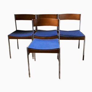 German Chromed Tubular Steel & Teak Stacking Chairs with Blue Fabric Upholstery from Casala, 1960s, Set of 4-HOI-857297