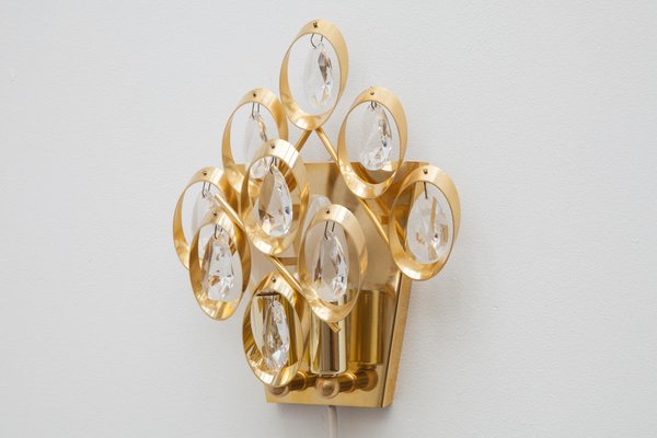 German Crystal and Brass Wall Sconce from Palwa, 1960s, Set of 2-KL-620377