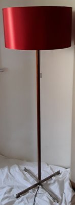 German Floor Lamp with Base in Teak & Chromed Steel and Red Silk Shade, 1970s-HOI-655570