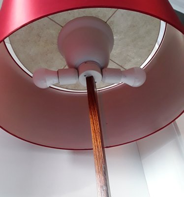 German Floor Lamp with Base in Teak & Chromed Steel and Red Silk Shade, 1970s-HOI-655570