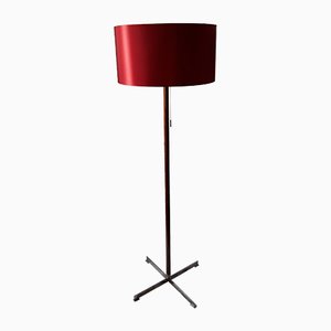 German Floor Lamp with Base in Teak & Chromed Steel and Red Silk Shade, 1970s-HOI-655570