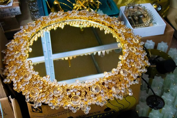 German Gilded Backlit Mirror in Swarovski Crystals & Brass from Palwa, 1960s-DEK-932760