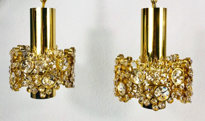 German Gilt Brass and Crystal Glass Chandeliers by Palwa, 1970s, Set of 2-PUK-1113707