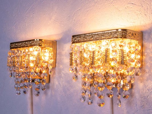 German Glamorous Jewel Wall Lamp in Crystal & Gilt-Brass from Palwa, Set of 2-DEK-945874