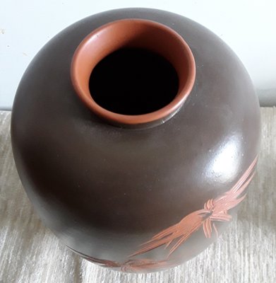 German Handmade Brown Ceramic Vase with Incised Floral Decoration in Red, 1960s-HOI-1285480