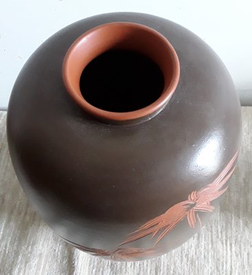 German Handmade Brown Ceramic Vase with Incised Floral Decoration in Red, 1960s-HOI-1285480