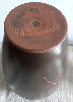 German Handmade Brown Ceramic Vase with Incised Floral Decoration in Red, 1960s-HOI-1285480