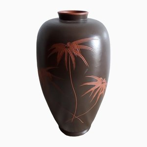 German Handmade Brown Ceramic Vase with Incised Floral Decoration in Red, 1960s-HOI-1285480