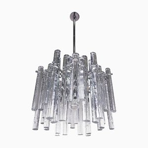 German Iced Glass Chandelier with Crystal Rods & Chrome from Kinkeldey, 1960s-DEK-932730