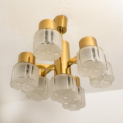 German Matt and Clear Glass Shades and Brass Chandelier by Hillebrand, 1960s-VDW-619412