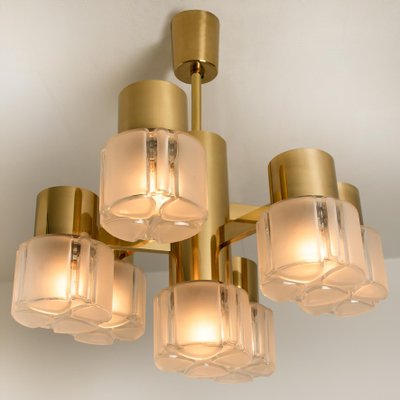 German Matt and Clear Glass Shades and Brass Chandelier by Hillebrand, 1960s-VDW-619412