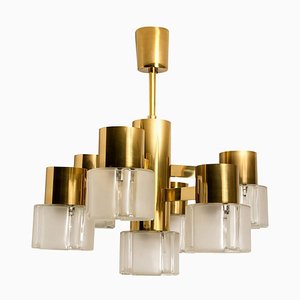 German Matt and Clear Glass Shades and Brass Chandelier by Hillebrand, 1960s-VDW-619412