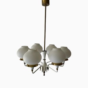 German Modern 6 Opal Glass and White Body Chandelier by Kaiser Leuchten, 1960s-RDS-1196890