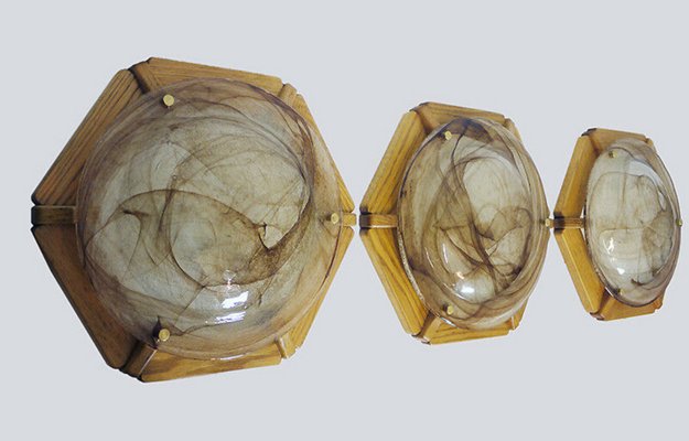 German Murano Glass & Wood Ceiling Lamp from Kaiser Idell / Kaiser Leuchten, 1960s-DEK-554948