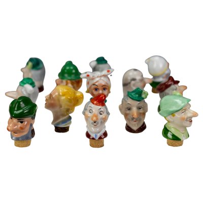 German Porcelain and Cork Bottle Stoppers, 1930s, Set of 13-KEG-1134806