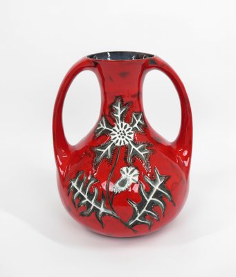 German Red Ground Vase in Ceramic with Floral Decor, 1960s-JV-1256469