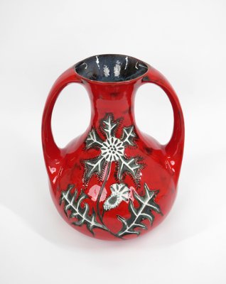 German Red Ground Vase in Ceramic with Floral Decor, 1960s-JV-1256469