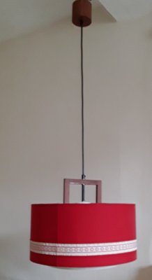 German Scandinavian Style Ceiling Lamp in Teak, Plastic & Red Fabric from Aro-Leuchten, 1970s-HOI-1413736