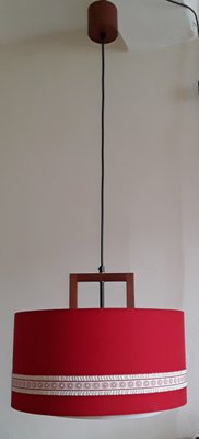 German Scandinavian Style Ceiling Lamp in Teak, Plastic & Red Fabric from Aro-Leuchten, 1970s-HOI-1413736