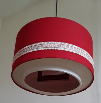 German Scandinavian Style Ceiling Lamp in Teak, Plastic & Red Fabric from Aro-Leuchten, 1970s-HOI-1413736