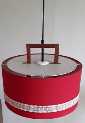 German Scandinavian Style Ceiling Lamp in Teak, Plastic & Red Fabric from Aro-Leuchten, 1970s-HOI-1413736