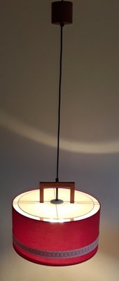 German Scandinavian Style Ceiling Lamp in Teak, Plastic & Red Fabric from Aro-Leuchten, 1970s-HOI-1413736