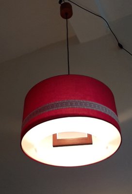 German Scandinavian Style Ceiling Lamp in Teak, Plastic & Red Fabric from Aro-Leuchten, 1970s-HOI-1413736