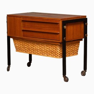 German Walnut Sewing Table on Wheels from Horn, 1960s-JE-1185102