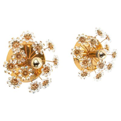 Germany Palwa Flower Wall Sconces in Faceted Crystals & Brass, 1960, Set of 2-DEK-1177866