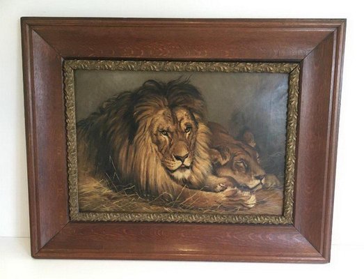 Geza Vastagh, Lion and Lioness, 1900s, Oil on Canvas, Framed-BA-658219