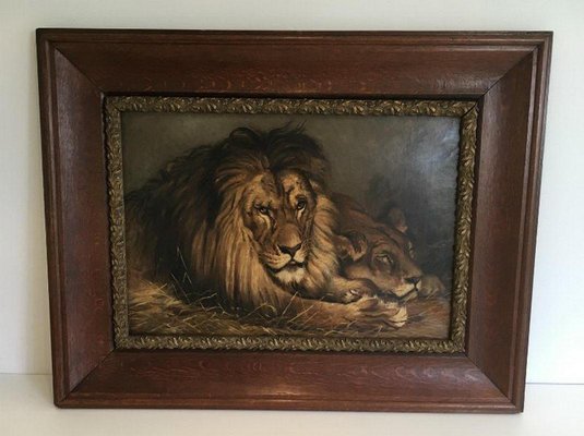 Geza Vastagh, Lion and Lioness, 1900s, Oil on Canvas, Framed-BA-658219