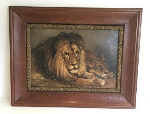 Geza Vastagh, Lion and Lioness, 1900s, Oil on Canvas, Framed-BA-658219