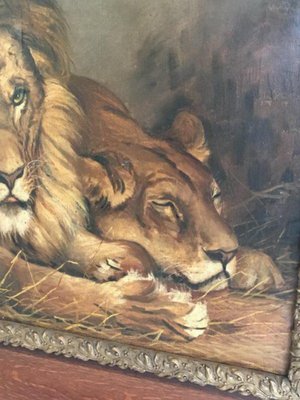 Geza Vastagh, Lion and Lioness, 1900s, Oil on Canvas, Framed-BA-658219