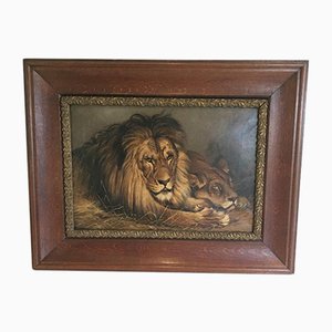 Geza Vastagh, Lion and Lioness, 1900s, Oil on Canvas, Framed-BA-658219