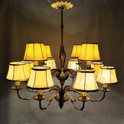 Gilded 12-Arm Chandelier Decorated with Leaves, 1940s-YBU-883250