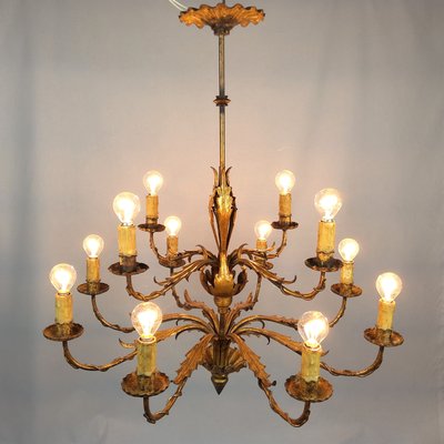 Gilded 12-Arm Chandelier Decorated with Leaves, 1940s-YBU-883250