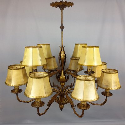 Gilded 12-Arm Chandelier Decorated with Leaves, 1940s-YBU-883250