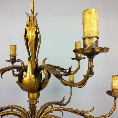 Gilded 12-Arm Chandelier Decorated with Leaves, 1940s-YBU-883250