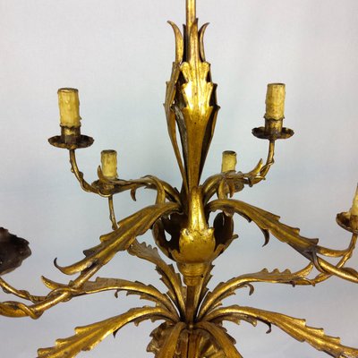 Gilded 12-Arm Chandelier Decorated with Leaves, 1940s-YBU-883250