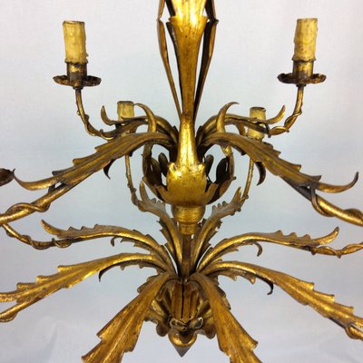 Gilded 12-Arm Chandelier Decorated with Leaves, 1940s-YBU-883250