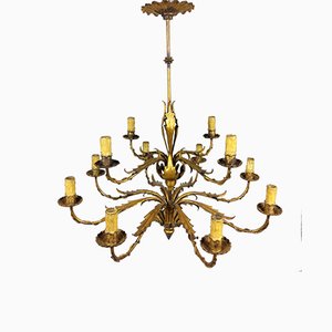 Gilded 12-Arm Chandelier Decorated with Leaves, 1940s-YBU-883250