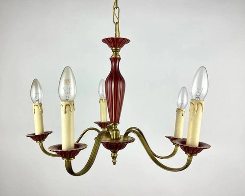 Gilded Brass and Burgundy Ceramics Chandelier-GYX-1353277