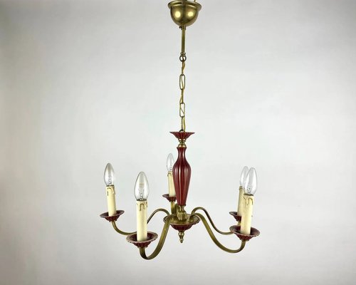 Gilded Brass and Burgundy Ceramics Chandelier-GYX-1353277