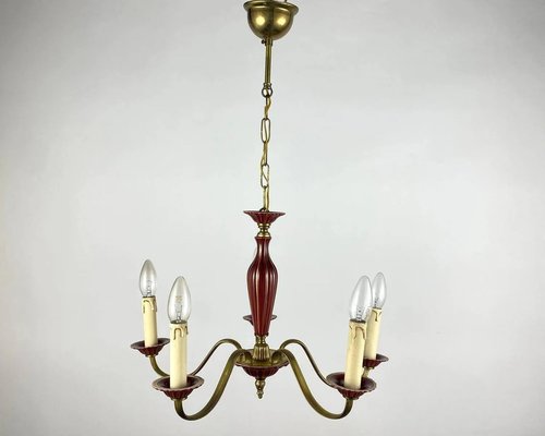 Gilded Brass and Burgundy Ceramics Chandelier-GYX-1353277